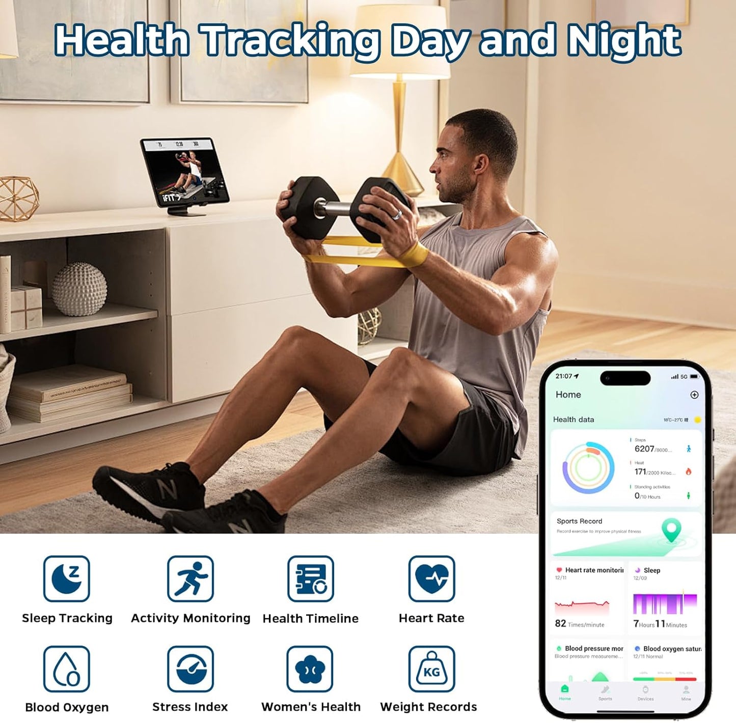 Smart Ring Health Tracker, Sleep Tracker Ring with Heart Rate, Waterproof Fitness Ring for Activity Monitoring/Steps/Distance/Calories, Air Gestures, up to 7-Day Battery