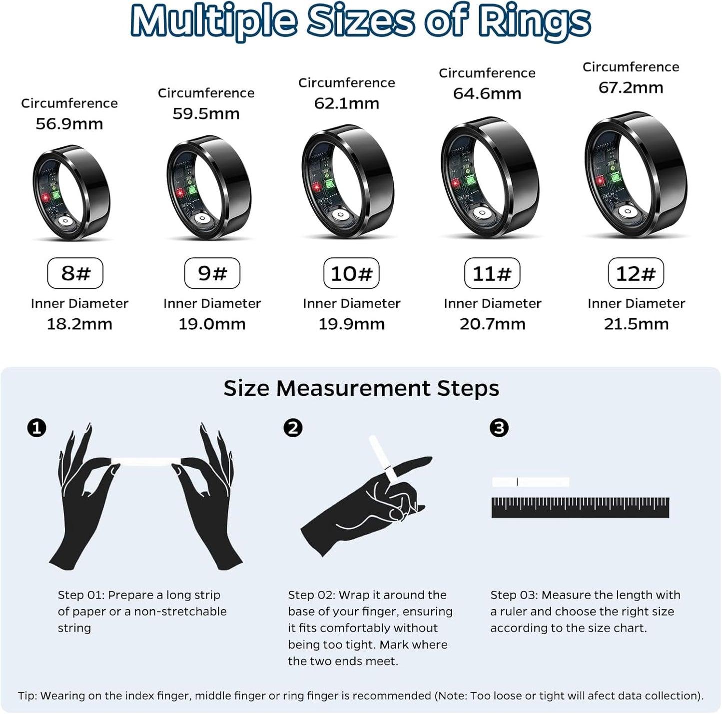 Smart Ring Health Tracker, Sleep Tracker Ring with Heart Rate, Waterproof Fitness Ring for Activity Monitoring/Steps/Distance/Calories, Air Gestures, up to 7-Day Battery