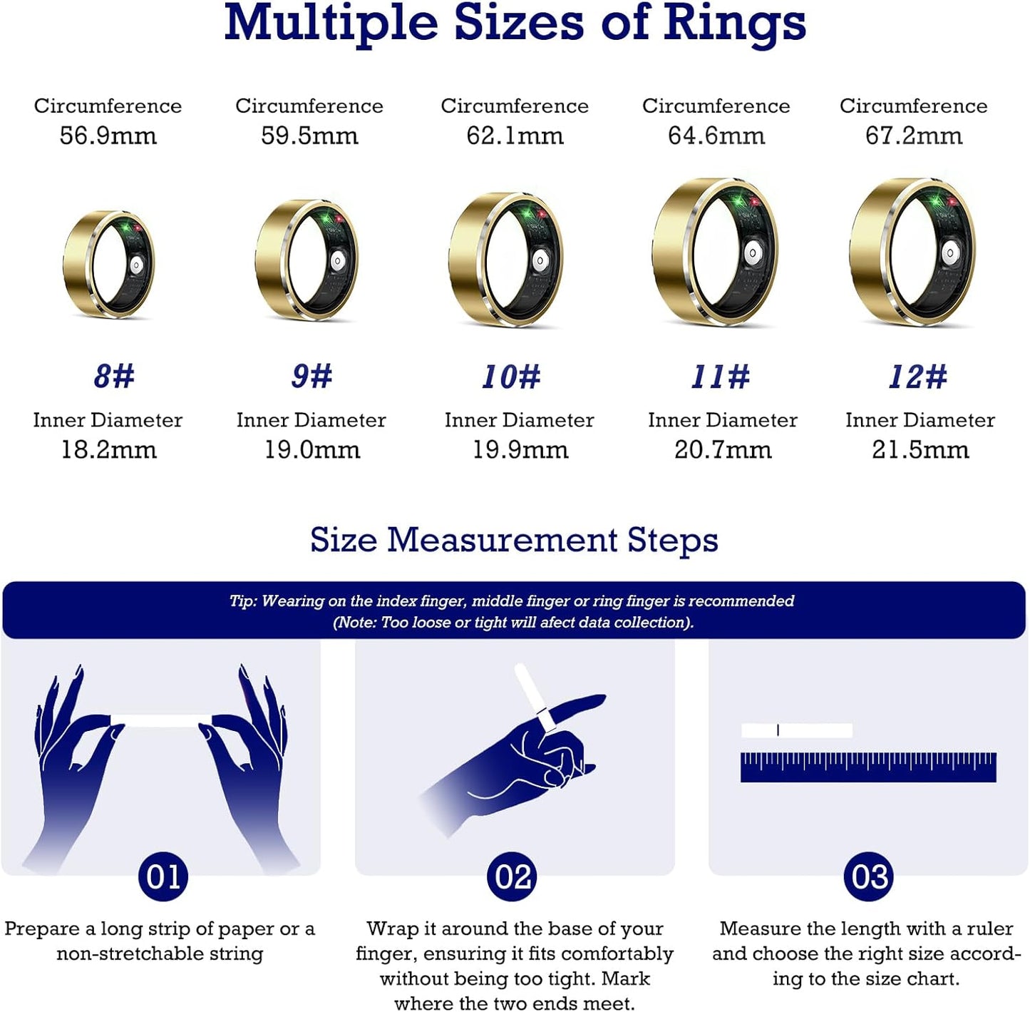 Smart Health Tracking Ring with Sleep Monitoring, Heart Rate Measurement, Waterproof Design, Activity Tracking (Steps, Distance, Calories), Air Gesture Control, Up to 7-Day Battery Life, Compatible with iOS and Android (Light Gold, Size #12)