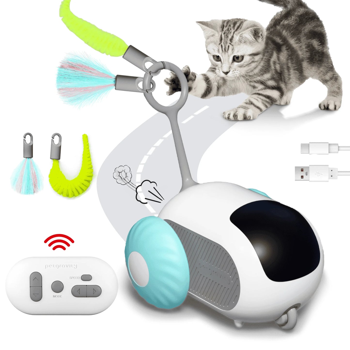 Interactive Cat Toys for Indoor Cats 2-Speed Automatic Moving Remote Control Smart Cat Rechargeable Toy with Feathers, Blue