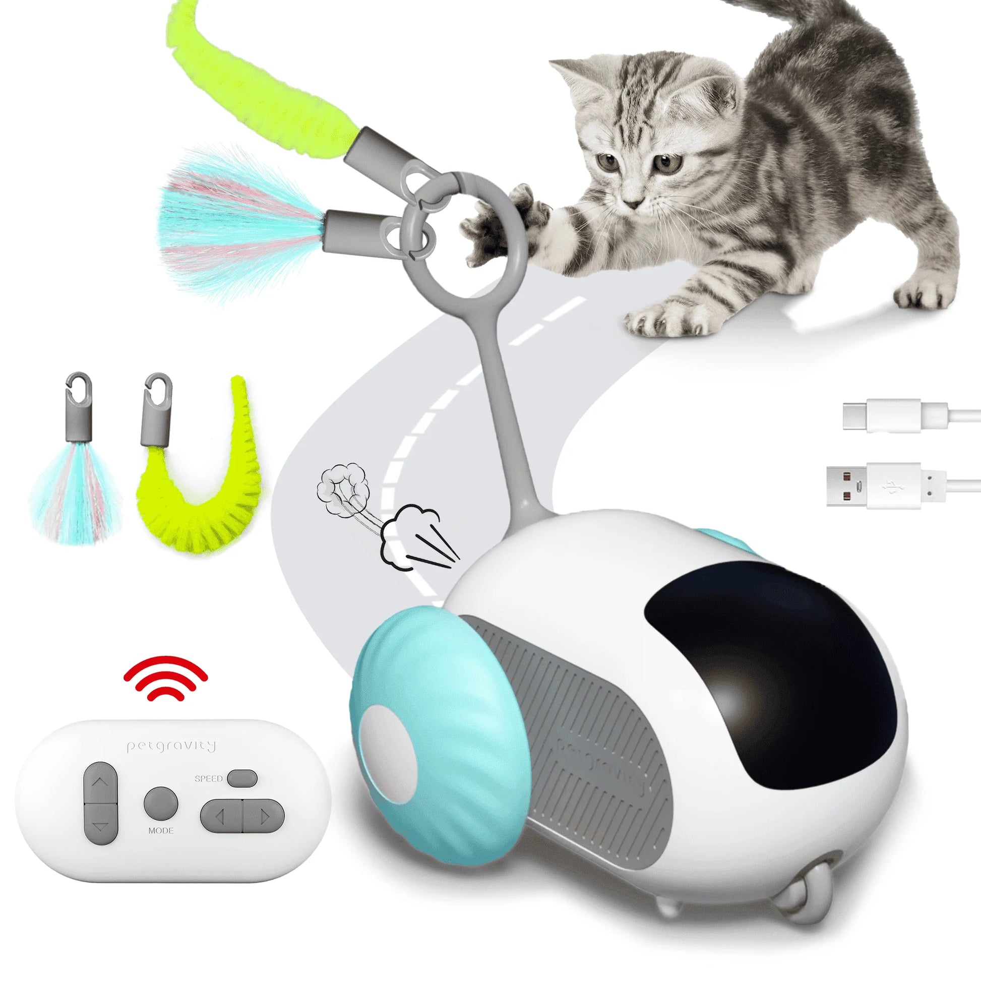 Interactive Cat Toys for Indoor Cats 2-Speed Automatic Moving Remote Control Smart Cat Rechargeable Toy with Feathers, Blue