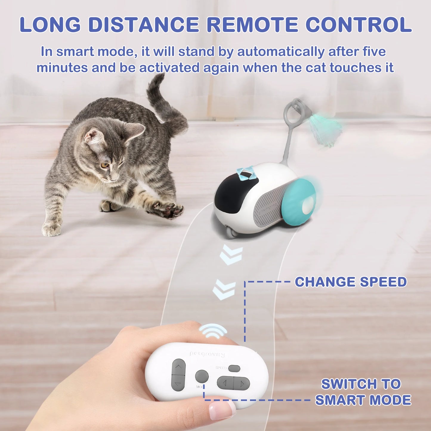 Interactive Cat Toys for Indoor Cats 2-Speed Automatic Moving Remote Control Smart Cat Rechargeable Toy with Feathers, Blue